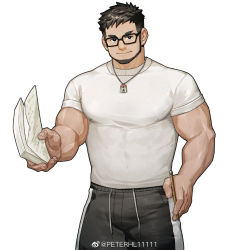 Rule 34 | 1boy, bara, beard, closed mouth, commentary request, covered erect nipples, facial hair, glasses, holding, large pectorals, long sideburns, looking at viewer, male focus, mature male, muscular, muscular male, original, pectorals, peterhl, shirt, sideburns, smile, solo, white shirt