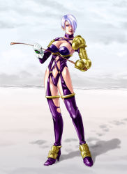 Rule 34 | 1girl, armor, blue eyes, boots, breasts, cleavage, crop (whip), female focus, full body, gloves, hair over one eye, high heels, holding, isabella valentine, large breasts, leather, lipstick, makeup, namco, outdoors, riding crop, shoes, short hair, sky, solo, soul calibur, soulcalibur i, standing, thighhighs, weapon, whip, white hair