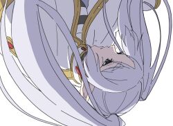 Rule 34 | 1girl, ayamame, capelet, commentary, crying, crying with eyes open, earrings, elf, frieren, green eyes, highres, jewelry, long hair, parted lips, pointy ears, simple background, solo, sousou no frieren, tears, twintails, upper body, upside-down, white background, white capelet, white hair