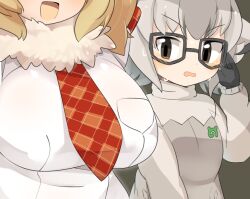 Rule 34 | 2girls, black-framed eyewear, black gloves, blonde hair, blush, breast envy, breasts, brown eyes, commentary request, glasses, gloves, grey background, grey eyes, grey sweater, kemono friends, large breasts, lets0020, lion (kemono friends), looking at breasts, looking to the side, meerkat (kemono friends), multiple girls, necktie, open mouth, plaid necktie, red necktie, shirt, short bangs, short hair, simple background, small breasts, sweater, upper body, v-shaped eyebrows, white shirt