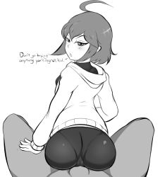 Rule 34 | 1boy, 1girl, ahoge, annoyed, ass, bike shorts, blush, bodyattk, breasts, cameltoe, clothed female nude male, from behind, greyscale, hetero, hood, hoodie, huge ass, linne, looking back, looking down, lying, monochrome, nude, on back, reverse cowgirl position, sex, sex from behind, short hair, sideboob, sitting, straddling, under night in-birth