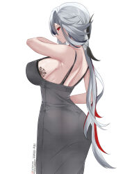 Rule 34 | 1girl, absurdres, amai-pai, arlecchino (genshin impact), ass, breast tattoo, breasts, dongtan dress, dress, fanbox username, genshin impact, grey dress, grey hair, highres, large breasts, long hair, looking at viewer, meme attire, multicolored hair, patreon username, profile, red hair, sideboob, sideways glance, simple background, sleeveless, sleeveless dress, solo, streaked hair, tattoo, very long hair, white background