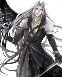 Rule 34 | 1990s (style), 1boy, black materia, final fantasy, final fantasy vii, green eyes, grey hair, highres, long hair, looking at viewer, male focus, materia, sephiroth, seto (sepcloud), solo, sword, very long hair, weapon