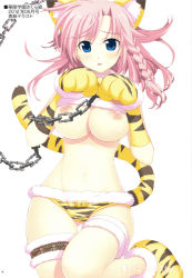 Rule 34 | 1girl, :o, animal ears, animal hands, animal print, bell, blue eyes, blush, braid, breasts, bridal garter, chain, cleavage, clothes lift, collar, highres, large breasts, long hair, looking at viewer, midriff, navel, neck bell, nipples, open mouth, original, pink hair, shiny skin, shirt lift, simple background, solo, striped, tail, thigh gap, tiger ears, tiger paws, tiger print, tiger tail, white background, yan-yam