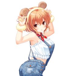 Rule 34 | 1girl, :o, animal ears, arms up, blush, brown hair, denim, fake animal ears, holding ears, horns, looking at viewer, overalls, red eyes, sheep ears, sheep horns, solo, suspenders, transparent background