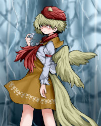 Rule 34 | 1girl, absurdres, animal, animal on head, bird, bird on head, bird wings, blonde hair, chick, closed mouth, dress, fe (tetsu), from side, highres, long sleeves, looking at viewer, multicolored hair, neckerchief, niwatari kutaka, on head, orange dress, red eyes, red hair, red neckerchief, short hair, solo, touhou, sunken fossil world, two-tone hair, whistle, wings, yellow wings