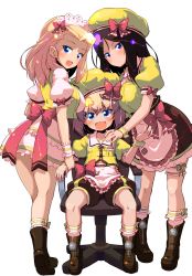 Rule 34 | 10s, 3girls, :d, alternate costume, apron, arm grab, black footwear, black hair, black neckwear, black shorts, blonde hair, blue eyes, boots, bow, breast press, chair, chef hat, clara (girls und panzer), coco&#039;s, collared shirt, commentary request, emblem, fang, frilled apron, frilled legwear, frilled skirt, frills, from side, frown, full body, girl sandwich, girls und panzer, hand on another&#039;s shoulder, hat, highres, jacket, katyusha (girls und panzer), layered skirt, long hair, looking at viewer, looking back, maid headdress, miniskirt, multiple girls, name tag, neck ribbon, nonna (girls und panzer), office chair, open mouth, pink apron, pravda (emblem), puffy short sleeves, puffy shorts, puffy sleeves, red bow, ribbon, sandwiched, shirt, short hair, short sleeves, shorts, simple background, single vertical stripe, sitting, skirt, sleeveless, sleeveless jacket, smile, standing, sw (taco), swept bangs, swivel chair, v-shaped eyebrows, waist apron, white background, white legwear, white shirt, white skirt, wristband, yellow hat, yellow jacket, yellow shirt, zipper
