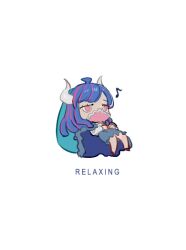 Rule 34 | 1girl, ahoge, bean bag chair, blue cape, blue hair, blue skirt, cape, chibi, covered mouth, curled horns, dinosaur girl, english text, horns, long hair, mask, mouth mask, multicolored hair, musical note, one piece, pink eyes, pink hair, pink mask, raine (acke2445), shirt, simple background, sitting, skirt, solo, streaked hair, ulti (one piece), white background, white shirt