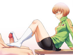 Rule 34 | 1girl, another story, bike shorts, blush, brown eyes, brown hair, censored, clothed female nude male, feet, footjob, green jacket, highres, jacket, long legs, no shoes, nude, penis, persona, persona 4, persona 4 the golden, pin, satonaka chie, school uniform, short hair, sitting, skirt, socks, solo focus, track jacket, white background, white legwear