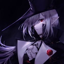 Rule 34 | 1girl, arknights, ascot, black coat, black hat, black shirt, boutonniere, closed mouth, coat, commentary, expressionless, eyebrows hidden by hair, eyelashes, floating hair, flower, gladiia (arknights), grey hair, hair over one eye, hat, high collar, highres, long hair, looking at viewer, one eye covered, open clothes, open coat, pointy ears, portrait, red eyes, red flower, red rose, rose, shirt, solo, white ascot, zamwangwang
