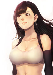 Rule 34 | 1girl, absurdres, bare shoulders, breasts, brown eyes, brown hair, cleavage, closed mouth, collarbone, commentary request, crop top, earrings, elbow gloves, final fantasy, final fantasy vii, final fantasy vii remake, gloves, highres, jewelry, jj steak, large breasts, long hair, midriff, navel, pink lips, shirt, skirt, stomach, suspender skirt, suspenders, swept bangs, tank top, taut clothes, taut shirt, tifa lockhart, white tank top