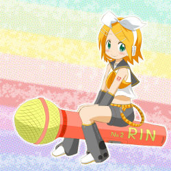 Rule 34 | 1girl, belly, blonde hair, bow, crop top, detached sleeves, floating, green eyes, hair bow, hair ornament, hairclip, headphones, kagamine rin, microphone, oversized object, riding, rocket, short hair, shorts, sitting, smile, solo, takamaru (minamimachi seisakusho), takamaru (pixiv450392), vocaloid