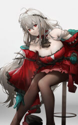 Rule 34 | 1girl, aqua gloves, arknights, ascot, bare shoulders, black ascot, breasts, clothing cutout, detached sleeves, dress, gloves, gradient background, grey hair, hair between eyes, highres, large breasts, long hair, long sleeves, looking at viewer, official alternate costume, red dress, red eyes, sitting, skadi (arknights), skadi the corrupting heart (arknights), solo, very long hair, yuuki mix