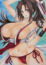 Rule 34 | 1girl, breasts, cleavage, fatal fury, highres, huge breasts, navel, no bra, ponytail, shiranui mai, solo, twobee