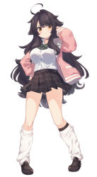 Rule 34 | 1girl, ahoge, bandaid, bandaid on cheek, bandaid on face, black footwear, black hair, black skirt, black socks, blush, bow, breasts, brown eyes, closed mouth, collared shirt, colored shadow, dress shirt, drop shadow, full body, green bow, grey sailor collar, hair intakes, hand on own hip, hand up, jacket, kneehighs, loafers, long hair, loose socks, medium breasts, natsuki-chan (natsuki teru), natsuki teru, open clothes, open jacket, original, pigeon-toed, pink jacket, plaid, plaid skirt, pleated skirt, sailor collar, shadow, shirt, shoes, simple background, skirt, sleeves past wrists, smile, socks, solo, standing, very long hair, white background, white shirt, white socks
