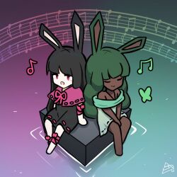 Rule 34 | 2girls, animal ears, barefoot, black dress, black hair, blunt bangs, bug, butterfly, capelet, closed eyes, closed mouth, commentary, dark-skinned female, dark skin, dress, druid rabbit, english commentary, ferdy&#039;s lab, full body, green butterfly, green hair, grey dress, heavyblade rabbit, hime cut, insect, long hair, medium bangs, multiple girls, musical note, neck ribbon, open mouth, pink eyes, pink ribbon, purple capelet, rabbit and steel, rabbit ears, rabbit girl, ribbon, ribbon-trimmed capelet, ribbon-trimmed dress, sitting, smile, staff (music), strapless, strapless dress