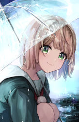 Rule 34 | 1girl, absurdres, blonde hair, facing to the side, green eyes, green shirt, highres, indie virtual youtuber, knees to chest, legs together, long sleeves, looking at viewer, red neckwear, shigure ui (vtuber), shirt, short hair, smile, squatting, takuo, transparent, transparent umbrella, umbrella, upper body, virtual youtuber, water, water drop