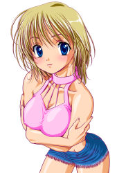 Rule 34 | 1girl, bare shoulders, blonde hair, blue eyes, blush, breasts squeezed together, breasts, cleavage, denim, denim shorts, covered erect nipples, large breasts, original, short hair, shorts, solo, tank top, ushi beef