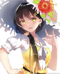 Rule 34 | 1girl, black hair, blush, dress, earrings, flower, hair between eyes, hair flower, hair ornament, hand on own hip, hat, highres, jewelry, long hair, looking at viewer, open mouth, original, ponytail, ribbon, short sleeves, solo, vierzeck, white hat, white ribbon, yellow dress, yellow eyes