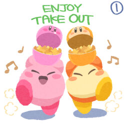 Rule 34 | blush stickers, closed eyes, food, highres, holding, kirby, kirby (series), kirby cafe, miclot, nintendo, no humans, open mouth, pink footwear, shoes, simple background, smile, takeout container, waddle dee, white background, yellow footwear