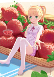 Rule 34 | 1girl, :p, absurdres, abwan, blunt bangs, blush, bowl, breasts, brown hair, closed mouth, collared shirt, dress shirt, finger to mouth, flower, food, food on hand, frilled shorts, frills, fruit, green eyes, hair ribbon, heart, heart print, highres, holding, holding food, in food, knees together feet apart, looking at viewer, no shoes, original, oversized object, pink ribbon, pink shirt, pink shorts, ponytail, print shirt, ribbon, shirt, short shorts, short sleeves, shorts, sidelocks, sitting, small breasts, smile, solo, strawberry, thighhighs, tongue, tongue out, white flower, white thighhighs