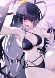 Rule 34 | 1girl, antenna hair, armpits, bags under eyes, bikini, black bikini, black hair, black nails, black wings, blue archive, blush, breasts, cellphone, cleavage, cowboy shot, fingernails, halo, highres, holding, holding phone, large breasts, long hair, matsumoto tomoyohi, melting halo, nail polish, navel, official alternate costume, open mouth, phone, red eyes, red halo, selfie, smartphone, solo, swimsuit, tsurugi (blue archive), tsurugi (swimsuit) (blue archive), v, wet, wings
