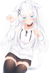 Rule 34 | 1girl, absurdres, animal ear fluff, animal ears, black skirt, black thighhighs, blue eyes, blush, cat ears, cat girl, cat tail, choker, collarbone, commentary request, hair ornament, highres, hood, hoodie, jacket, long hair, looking at viewer, original, otokuyou, paw pose, simple background, sitting, skirt, smile, solo, tail, thighhighs, very long hair, white background, white hair, x hair ornament