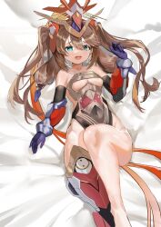 1girl artery_gear bodysuit breasts character_request hair_between_eyes hair_ornament headgear jiang_long_bao long_hair lying mecha_musume mechanical_arms mechanical_legs on_back sidelocks single_mechanical_leg solo two_side_up underboob