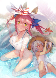 Rule 34 | 10s, 2girls, 3:, :d, aged down, altera (fate), altera larva (fate), animal ears, arm support, assisted exposure, bare legs, barefoot, beach, between legs, bikini, bikini bottom only, bikini under clothes, blush, bottomless, breasts, casual one-piece swimsuit, child, cleavage, clothes theft, ears through headwear, fate/extella, fate/extra, fate/grand order, fate (series), fish, fox ears, fox tail, hand between legs, hat, holding, holding bikini, holding bikini bottom, holding clothes, holding swimsuit, innertube, large breasts, long hair, medium hair, multiple girls, one-piece swimsuit, open mouth, outdoors, partially submerged, partially unbuttoned, red eyes, ritsuki, shirt, silver hair, sitting, smile, starfish, sun hat, swim ring, swimsuit, swimsuit theft, swimsuit under clothes, tail, tamamo (fate), tamamo no mae (fate/extra), tamamo no mae (swimsuit lancer) (fate), tamamo no mae (swimsuit lancer) (third ascension) (fate), theft, twintails, unworn bikini bottom, veil, wariza, wet, wet clothes, wet shirt, white bikini, white hat, white one-piece swimsuit, yellow eyes