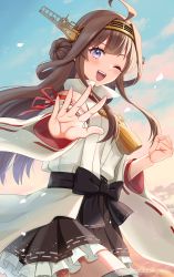 Rule 34 | 1girl, ahoge, blue sky, boots, brown hair, cloud, cloudy sky, day, detached sleeves, double bun, hair bun, hairband, hakama, hakama short skirt, hakama skirt, headgear, highres, japanese clothes, kantai collection, kongou (kancolle), kongou kai ni (kancolle), long hair, looking at viewer, natsume (natsume melio), nontraditional miko, one eye closed, open mouth, outdoors, petals, popped collar, purple eyes, ribbon-trimmed sleeves, ribbon trim, skirt, sky, smile, solo, thigh boots, twitter username