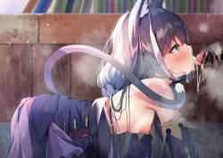 Rule 34 | 1boy, 1girl, all fours, animal ear fluff, animal ears, bar censor, black hair, blue dress, blush, breasts, cat ears, cat girl, cat tail, censored, clothes pull, cum, cum in mouth, cum string, cumdrip, detached sleeves, dress, dress pull, facial, fellatio, green eyes, hetero, highres, karyl (princess connect!), long hair, low ponytail, madotsukumo, nipples, oral, penis, princess connect!, saliva, small breasts, solo focus, tail, tail raised, tongue, tongue out