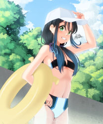 Rule 34 | 1girl, baseball cap, bikini, bikini day, black hair, blue hair, blue sky, breasts, cloud, commentary request, cowboy shot, day, gradient hair, green eyes, grin, hat, innertube, kahakurei, kantai collection, long hair, looking at viewer, low twintails, multicolored hair, navel, outdoors, ribbon, sky, small breasts, smile, solo, suzukaze (kancolle), swim ring, swimsuit, twintails, two-tone bikini, white hat