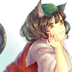 Rule 34 | 1girl, animal ears, bad id, bad pixiv id, blurry, brown hair, cat ears, cat tail, chen, claws, depth of field, earrings, expressionless, fang, fang out, hands on own face, hat, head rest, highres, jewelry, looking to the side, looking up, mob cap, mokoiscat, nail polish, red vest, short hair, short sleeves, simple background, single earring, slit pupils, solo, tail, touhou, vest, white background, yellow eyes