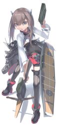 Rule 34 | 1girl, absurdres, armor, bike shorts, boots, bow (weapon), breastplate, brown eyes, brown hair, crossbow, fei (feikotake), flight deck, full body, headband, headgear, highres, japanese clothes, kantai collection, machinery, red skirt, short hair, short hair with long locks, skirt, solo, taihou (kancolle), thigh boots, thighhighs, weapon, white background