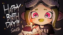 Rule 34 | 1girl, :d, black shirt, blush, cake, candle, colored tongue, ear blush, fire, food, goggles, goggles on head, green hair, green tongue, happy birthday, highres, inari1369, long hair, nintendo, octoling, octoling girl, octoling player character, open mouth, pink eyes, shirt, short sleeves, smile, solo, splatoon (series), t-shirt, tentacle hair, upper body