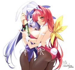 2girls ahoge alcohol animal_ears ass between_breasts blue_leotard bottle bow breasts champagne champagne_bottle covered_navel fake_animal_ears fake_tail fishnet_pantyhose fishnets flat_chest grey_eyes grey_hair hair_intakes head_between_breasts highleg highleg_leotard highres holding holding_bottle kagami_sumika kona_(soyakimi) large_breasts leotard long_hair looking_at_viewer low_ponytail multiple_girls muv-luv muv-luv_alternative open_mouth pantyhose pink_leotard playboy_bunny rabbit_ears rabbit_tail red_eyes red_hair smile strapless strapless_leotard tail twintails white_background wrist_cuffs yashiro_kasumi yellow_bow