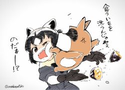 Rule 34 | 10s, 1girl, anger vein, angry, animal, animal ears, araiguma&#039;s father (bonobono), black gloves, black hair, black ribbon, blue shirt, bonobono, brown eyes, cheek press, common raccoon (kemono friends), crossover, d:, eye contact, fangs, food, full body, fur collar, gloves, grey background, grey hair, highres, kemono friends, looking at another, looking to the side, multicolored clothes, multicolored gloves, multicolored hair, neck ribbon, open mouth, puffy short sleeves, puffy sleeves, raccoon ears, ribbon, shiromanta, shirt, short hair, short sleeves, sweet potato, tears, teeth, trait connection, translation request, tsurime, twitter username, upper body, upper teeth only, water drop, wet, white hair