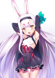 Rule 34 | 1girl, animal ears, armpits, arms up, azur lane, bare shoulders, black hairband, black skirt, black sleeves, blush, breasts, covered navel, detached sleeves, gluteal fold, hairband, long hair, long sleeves, looking at viewer, nekosama shugyouchuu, open mouth, orange eyes, rabbit ears, shimakaze (azur lane), short eyebrows, sideboob, simple background, skirt, small breasts, solo, standing, teeth, thick eyebrows, upper teeth only, very long hair, white background, white hair