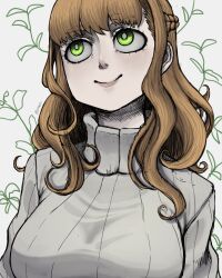 Rule 34 | 1girl, absurdres, black clover, braid, brown hair, closed mouth, green eyes, highres, limn044, long hair, mimosa vermillion, smile, solo, sweater, turtleneck, turtleneck sweater, white sweater