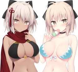 Rule 34 | 2girls, ahoge, bare shoulders, bikini, black bikini, black bow, blonde hair, blue bikini, blush, bow, breasts, choker, cleavage, closed mouth, collarbone, dango, dark-skinned female, dark skin, fate/grand order, fate (series), food, food in mouth, front-tie top, hair between eyes, hair bow, koha-ace, large breasts, looking at viewer, medium breasts, miko (royal milk), multiple girls, navel, okita souji (fate), okita souji (koha-ace), okita souji alter (fate), okita souji alter (first ascension) (fate), red scarf, sanshoku dango, scarf, short hair, simple background, swimsuit, tassel, wagashi, white background, white eyes, white hair, yellow eyes