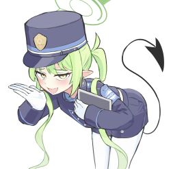 Rule 34 | absurdres, armband, ayo rimaisu, blue archive, blue armband, blue hat, blue jacket, blue skirt, demon tail, earrings, gloves, green hair, green halo, halo, hat, nozomi (blue archive), highres, jacket, jewelry, long hair, mesugaki, pantyhose, peaked cap, pointy ears, skirt, tail, twintails, white background, white gloves, white pantyhose, yellow eyes