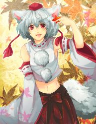 Rule 34 | 0 (leo99), 1girl, animal ears, bad id, bad pixiv id, bare shoulders, between fingers, bow, detached sleeves, female focus, hat, holding, inubashiri momiji, leaf, maple leaf, midriff, navel, open mouth, red eyes, short hair, skirt, smile, solo, tail, tokin hat, touhou, white hair, wide sleeves, wolf ears, wolf tail