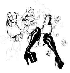 Rule 34 | 1girl, arm cannon, boots, eigaka, eyes visible through hair, gauntlets, greyscale, hat, high heels, highres, knee boots, monochrome, one eye closed, open mouth, original, police, shell casing, short hair, simple background, smile, solo, star (symbol), steam, teeth, weapon, white background