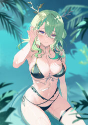 Rule 34 | 1girl, absurdres, adjusting hair, antlers, bikini, blurry, blurry background, branch, breasts, ceres fauna, cleavage, earrings, green bikini, green hair, highres, hololive, hololive english, horns, jewelry, jiang ye kiri, large breasts, leaf, long hair, looking at viewer, mole, mole under eye, navel, sitting, solo, stomach, stud earrings, swimsuit, thigh strap, thighs, virtual youtuber, water, wavy hair, yellow eyes