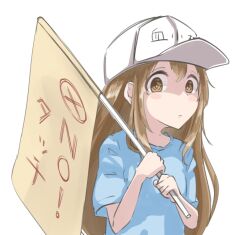 1girl :o bare_arms baseball_cap blue_shirt brown_hair commentary_request double-parted_bangs flag hat hat_writing hataraku_saibou holding holding_flag long_hair looking_at_viewer namaonpa parted_lips partially_shaded_face platelet_(hataraku_saibou) shirt short_sleeves sideways_glance simple_background solo three_quarter_view translation_request upper_body white_background white_hat