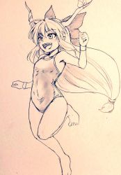 Rule 34 | 1girl, alternate costume, bare legs, barefoot, bow, breasts, commentary request, covered navel, d-m (dii emu), eyelashes, feet, greyscale, hair bow, horns, ibuki suika, long hair, looking at viewer, monochrome, one-piece swimsuit, oni horns, open mouth, sketch, swimsuit, toes, touhou, traditional media, very long hair