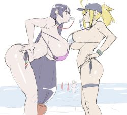 Rule 34 | 2girls, absurdly long hair, ahoge, artoria pendragon (fate), asphyxiation, baseball cap, beach, bikini, blonde hair, blowing whistle, blue headwear, breasts, drowning, eu03, fate/grand order, fate (series), hand on own hip, hands on own hips, hat, height difference, huge ahoge, huge breasts, large breasts, lifeguard, long hair, looking at another, medium hair, minamoto no raikou (fate), minamoto no raikou (fate/grand order), minamoto no raikou (swimsuit lancer) (fate), multiple girls, mysterious heroine x (fate), mysterious heroine xx (fate), ponytail, purple bikini, purple hair, side-tie bikini bottom, swimsuit, thigh strap, unfinished, very long hair, water, whistle, white background, white bikini
