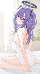 Rule 34 | 1girl, absurdres, backless dress, backless outfit, bare legs, barefoot, bed sheet, blue archive, blush, breasts, chinoryuu, dress, halo, head tilt, highres, indoors, large breasts, long hair, looking at viewer, looking to the side, median furrow, purple eyes, purple hair, see-through silhouette, sitting, solo, two side up, very long hair, wariza, white dress, yuuka (blue archive)