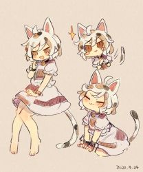 Rule 34 | 1girl, :3, ^ ^, ahoge, animal collar, animal ears, arm support, ashiyu (ashu-ashu), barefoot, beige background, bell, black collar, blouse, blush, blush stickers, bob cut, bracelet, brown eyes, cat ears, cat girl, cat tail, clenched hands, closed eyes, closed mouth, collar, cropped torso, dated, eyes visible through hair, facing viewer, film grain, frilled shirt, frilled sleeves, frills, from side, full body, goutokuji mike, hair between eyes, hand on lap, hand up, hands up, happy, hatching (texture), invisible chair, jewelry, jingle bell, knees together feet apart, leaning forward, linear hatching, looking at viewer, medium skirt, motion lines, multicolored hair, multiple views, neck bell, no nose, no pupils, open mouth, own hands together, patchwork clothes, paw pose, petticoat, puffy short sleeves, puffy sleeves, shirt, short hair, short sleeves, simple background, sitting, sketch, skirt, skirt set, slit pupils, smile, sparkle, streaked hair, swept bangs, tail, tail raised, touhou, tsurime, upper body, v-shaped eyebrows, v arms, wariza, white hair, white shirt, white skirt