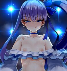 Rule 34 | 1girl, backlighting, bikini, blue eyes, blue ribbon, blush, breasts, breasts out, choker, collarbone, earrings, fate/grand order, fate (series), frilled bikini, frills, hair ribbon, jewelry, kunabishi, licking lips, long hair, long sleeves, looking at viewer, meltryllis, meltryllis (fate), meltryllis (swimsuit lancer) (fate), meltryllis (swimsuit lancer) (third ascension) (fate), nipples, puffy sleeves, purple hair, ribbon, side ponytail, small breasts, smile, solo, swimsuit, tongue, tongue out, upper body, very long hair, white bikini